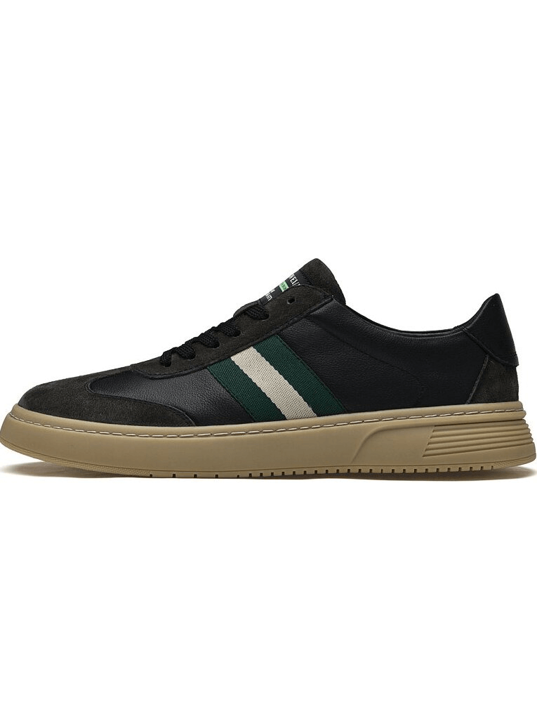 Stylish leather men's sports shoes SF1176, black with green stripes, breathable lining, and durable rubber outsole, perfect for modern men.